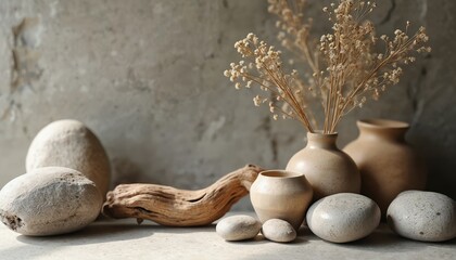 Still life with dry flowers in vases. Stone pebbles, driftwood, beige colors create zen calm mood. Natural materials reflect simplistic aesthetic, eco friendly design. Modern minimalist home decor