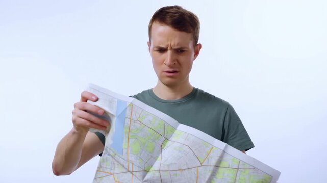 Lost traveler confused while reading map on journey
