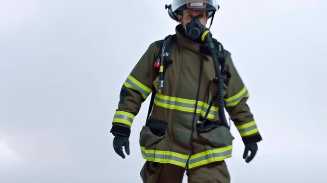 Firefighter emerging from smoke in protective gear during safety exercise