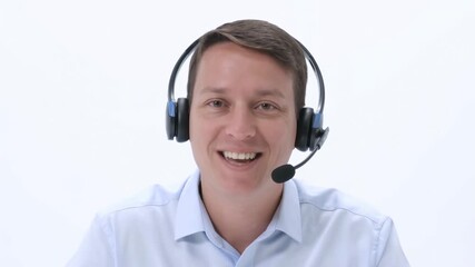 Friendly customer service representative engaging with clients in a virtual call center