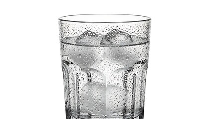 Refreshing Glass of Water with Ice Cubes and Condensation on White Background