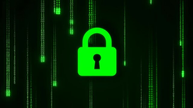 Lock icons with digital code falling like matrix on a black and green animated background