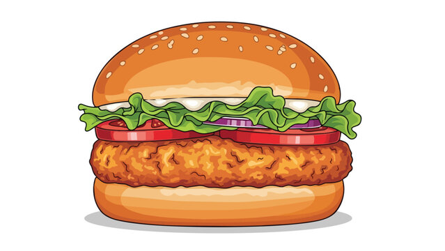 A delicious fried chicken or crispy patty burger, presented as a vibrant vector illustration. It features a sesame bun, fresh lettuce, red tomato,