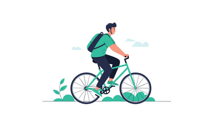 Naklejka premium Young man with a helmet and backpack riding a bicycle, enjoying a healthy and eco-friendly outdoor activity and transportation.