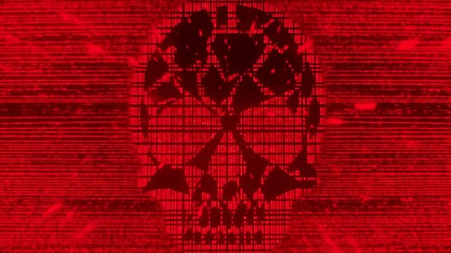 Futuristic digital skull with glowing red cyber patterns and dynamic motion sequence