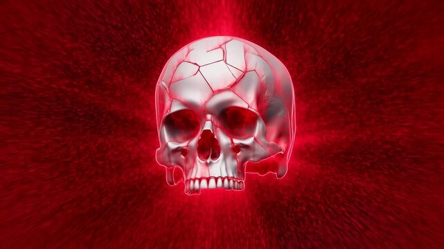 Glowing skull with crack patterns centered on red background emitting rays