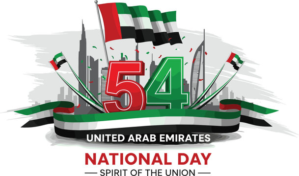 UAE 54th National Day vector banner featuring flags skyline of landmarks 3D number 54 and Spirit of the Union.