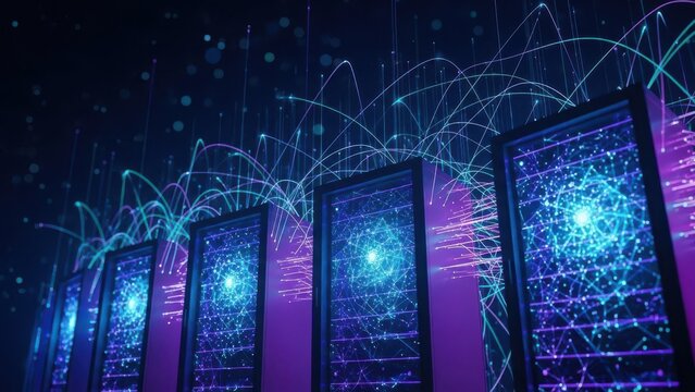 Server racks with glowing data connections in dark blue and purple lighting with digital network visualization for technology infrastructure. - Powered by Adobe