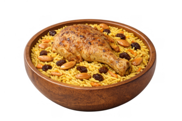 Chicken biryani with golden rice, almonds, and raisins in a wooden bowl for a traditional middle eastern meal