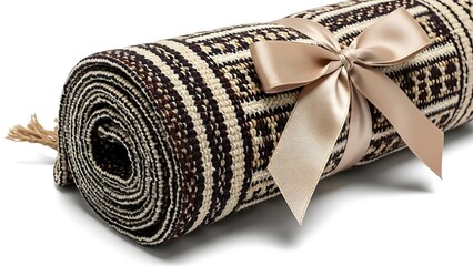 Rolled woven rug with striped brown and beige pattern, tied with a decorative satin bow on white.