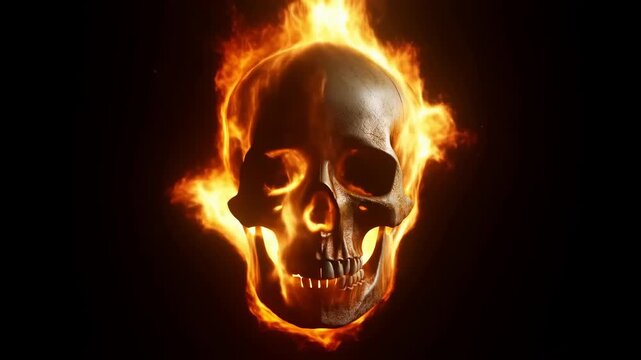 Burning skull with intense flames and dynamic movement in high definition
