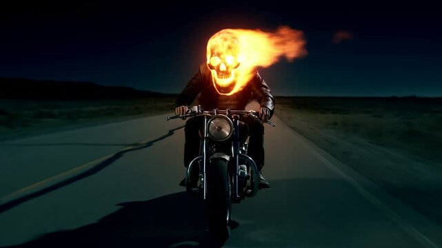 Fiery skull rider speeds through dark desert highway at night