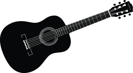 Obraz premium Black Silhouette of an Acoustic Guitar with Six Strings and Tuning Pegs on a White Background musical instrument