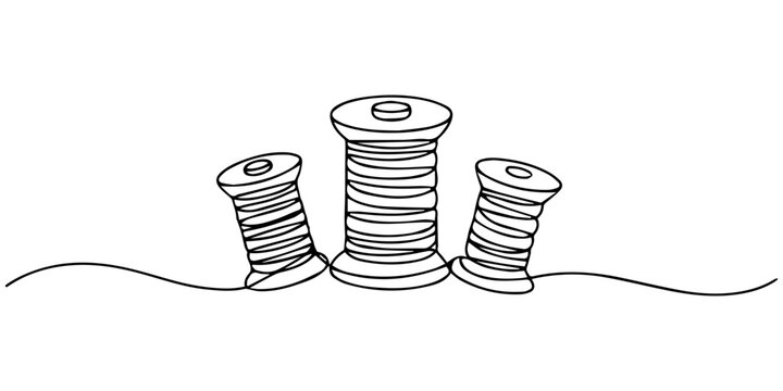 Spools of thread in one continuous line drawing vector illustration. one line Icon drawing with white background, Continuous one line drawing showcases spool of thread with thread unraveling elegantly