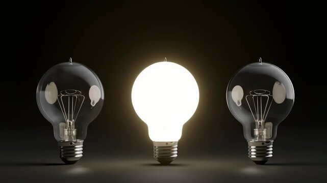 Evolution of light: light bulbs transition from dim to bright glow on black background