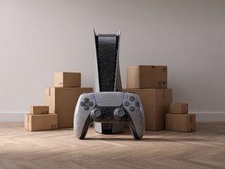 Modern gaming chair, metallic silver with blue accents, built-in controllers, surrounded by haphazardly stacked brown cardboard boxes Indoor setting with parquet floor and - AI-Generated