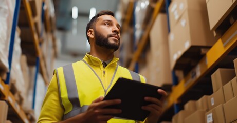 Man in safety vest with a tablet checking stock in a busy warehouse. Logistics, distribution, and supply chain management
