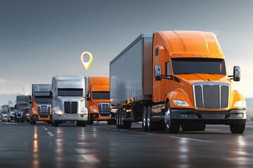 Trucks lined up on highway during late afternoon, showcasing delivery vehicles ready for their routes