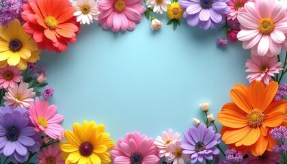 Fototapeta premium Colorful flowers form border around pastel blue background, creating fresh spring summer feel. Arrangement suitable for various decorative purposes, design elements. Cheerful display suggests natural