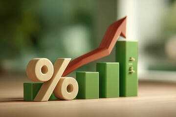 Wooden graphs and percentage symbol show growth in business during a daytime setting