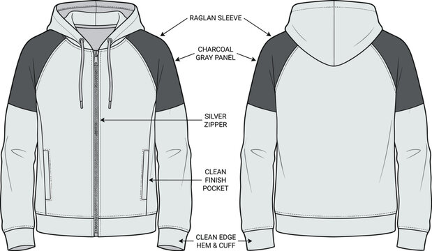 Hooded sweatshirt sketch, raglan sleeve, zipper front, fashion technical drawing, garment construction details, apparel design layout, flat vector illustration