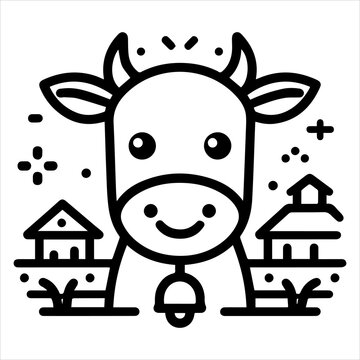 A smiling cartoon cow with a bell around its neck standing in a simple line drawing farm scene with houses.