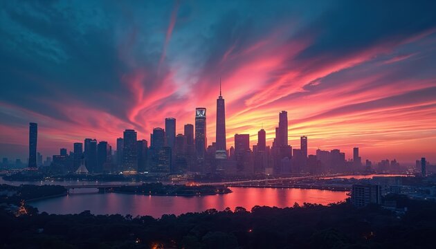 Vibrant city skyline glows under a dramatic pink and orange sunset. Tall skyscrapers and modern buildings line the waterfront reflecting in the calm water below as twilight approaches. - Powered by Adobe