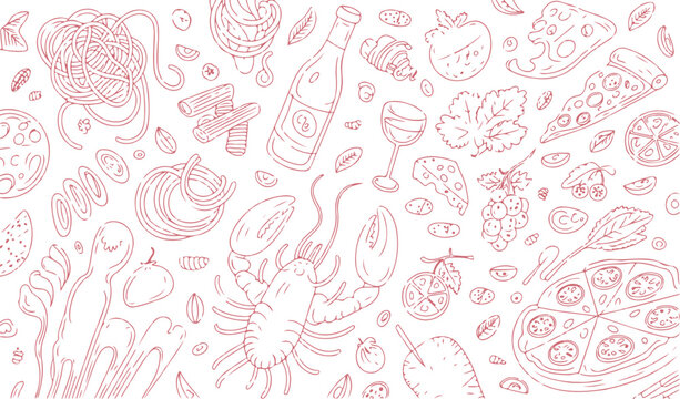 Italian Food Seamless Pattern with Pizza, Pasta, Lobster and Wine Line Art. Hand Drawn Italian Food Doodle Pattern in Red Outline Style. Seamless Italian Cuisine Pattern for Cafe, Food Branding