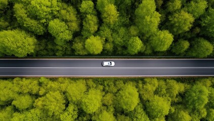 White vehicle traveling on a straight asphalt highway amidst lush green trees, representing travel and environmental focus
