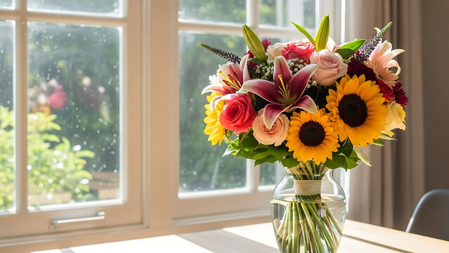 A beautiful bouquet of flowers in a vase on a table by a window