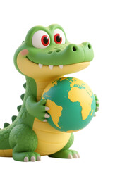 Fototapeta premium Cute cartoon alligator holding a globe. Great for educational or travel themes.