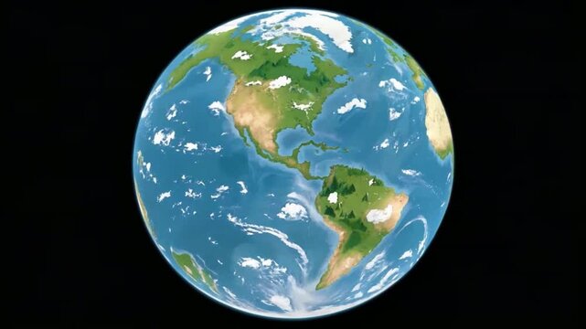 A rotating Earth set against a clean black background, presenting a clear, modern view of the planet for global, environmental, or educational storytelling