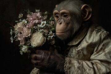 Fototapeta premium Monkey holding flowers in a vintage setting during the day with a focus on its thoughtful expression