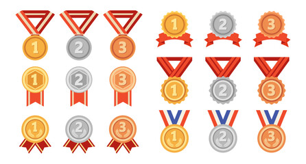 Award medal icon set. Collection of gold, silver and bronze award medals.