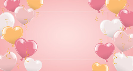 Romantic Pink Heart Balloons Frame with Confetti.