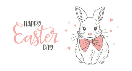 Happy Easter Greeting Card with Adorable Bunny with Pink Bow. Festive poster.