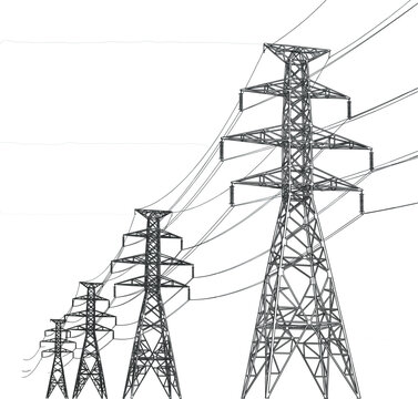ndustrial electric power grid network vector showing multiple pylons and cables for utility infrastructure and energy supply development.