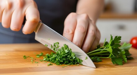 Chef slicing meat on wooden board