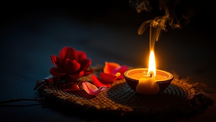 Oil lamp diya burning with rose petals on dark background for Raksha Bandhan  