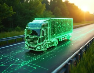 Futuristic holographic truck glides on road. Green digital grid overlays freight vehicle, showing tech logistics. Eco transport innovation moving through nature.