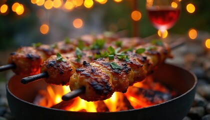 Chicken skewers cook over an open fire pit. Juicy meat gets charred bits on grill. Outdoor dining with wine glass and blurred festive lights creates cozy evening.