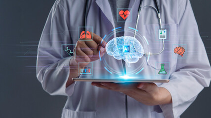 Doctor holding tablet with AI Brain hologram interface. Medical technology concept showing Artificial Intelligence in healthcare, smart diagnostics, and future data analysis for neurology research.