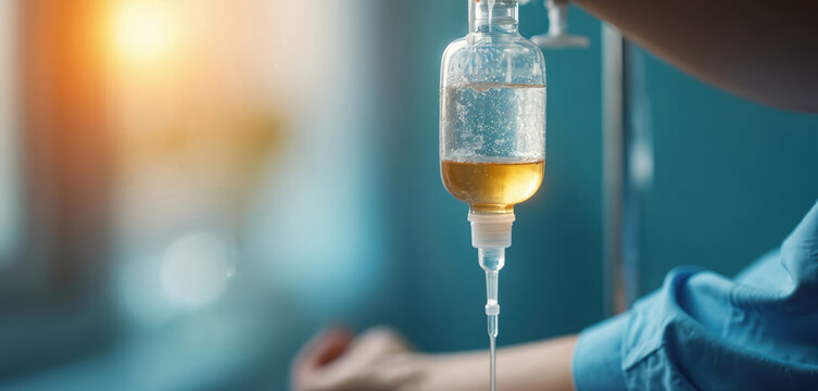 IV drip close up is attached to patient arm. Intravenous infusion of medicine, saline fluid, drugs in lab. Care in healthcare concept. Doctor provides treatment therapy.