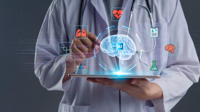 Doctor holding tablet with AI Brain hologram interface. Medical technology concept showing Artificial Intelligence in healthcare, smart diagnostics, and future data analysis for neurology research. - Powered by Adobe