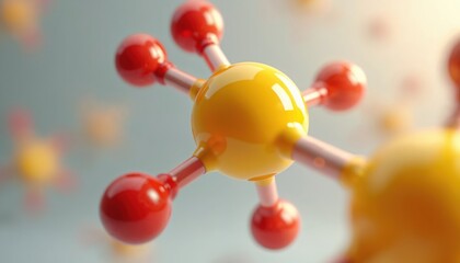 Illustration of molecule structure with yellow and red atoms. Atomic model against light background. Science concept for chemistry research medicine tech. Molecular structure art.