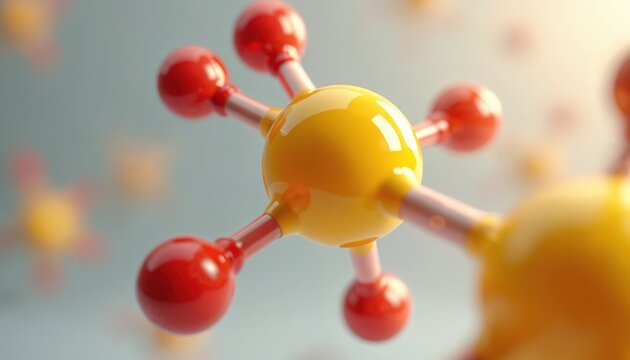 Illustration of molecule structure with yellow and red atoms. Atomic model against light background. Science concept for chemistry research medicine tech. Molecular structure art. - Powered by Adobe