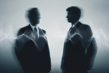 Two men stand facing each other with abstract waves in the background at a business meeting in a modern office setting