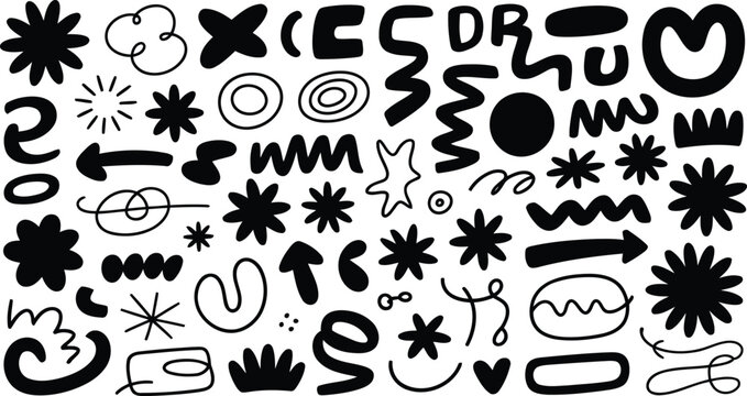 Abstract modern graphic design element set of black bold hand drawn scribble shapes