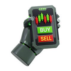 3D Robot Hand Holding Smartphone with Trading App Illustration