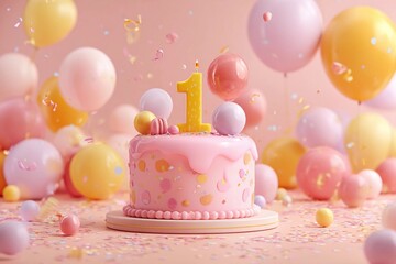 Celebration with a pink birthday cake and colorful balloons in a festive setting for a first birthday party